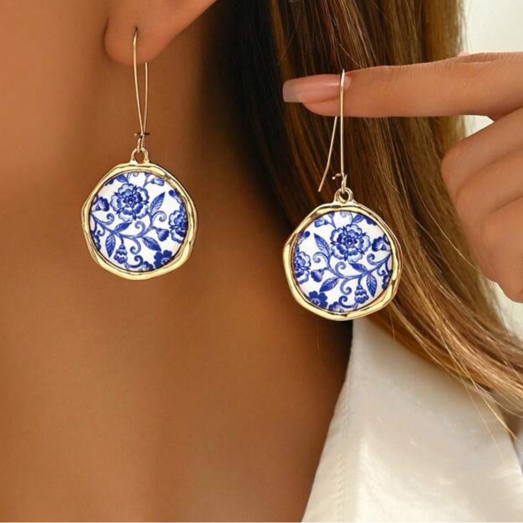 New Elegant Blue And Gold Floral Earrings
